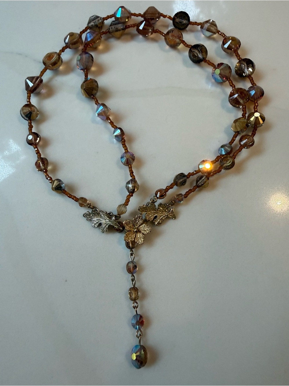 Brown Crystal Y-Necklace with Leaf Accent